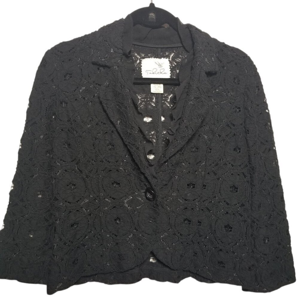 Anthropologie Tabitha Women's Black Silk Ruffle Laced Posy Cropped Blazer Sz 6